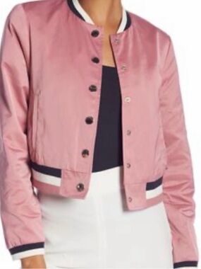 Ted Baker color by numbers Satin Pink Cropped Varsity Jacket - has flaws